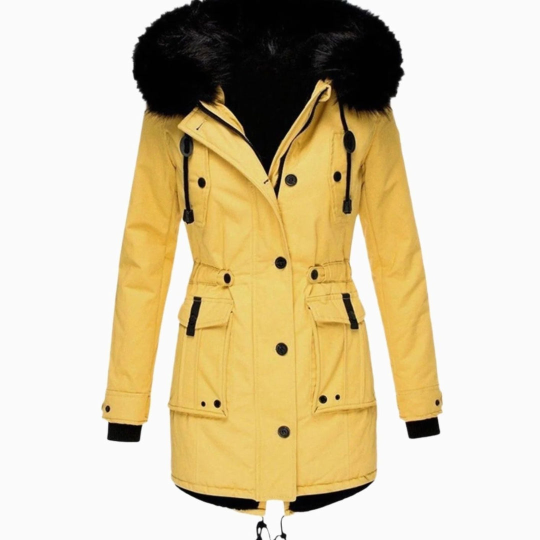 Women's Insulated Faux Fur Hood Drawstring Waist Parka Coat - Yellow
