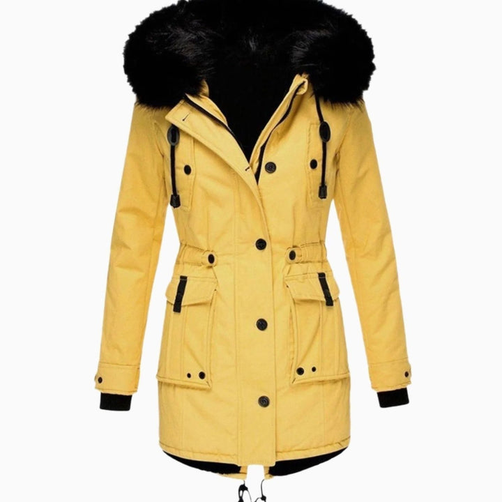 Women's Insulated Faux Fur Hood Drawstring Waist Parka Coat - Yellow