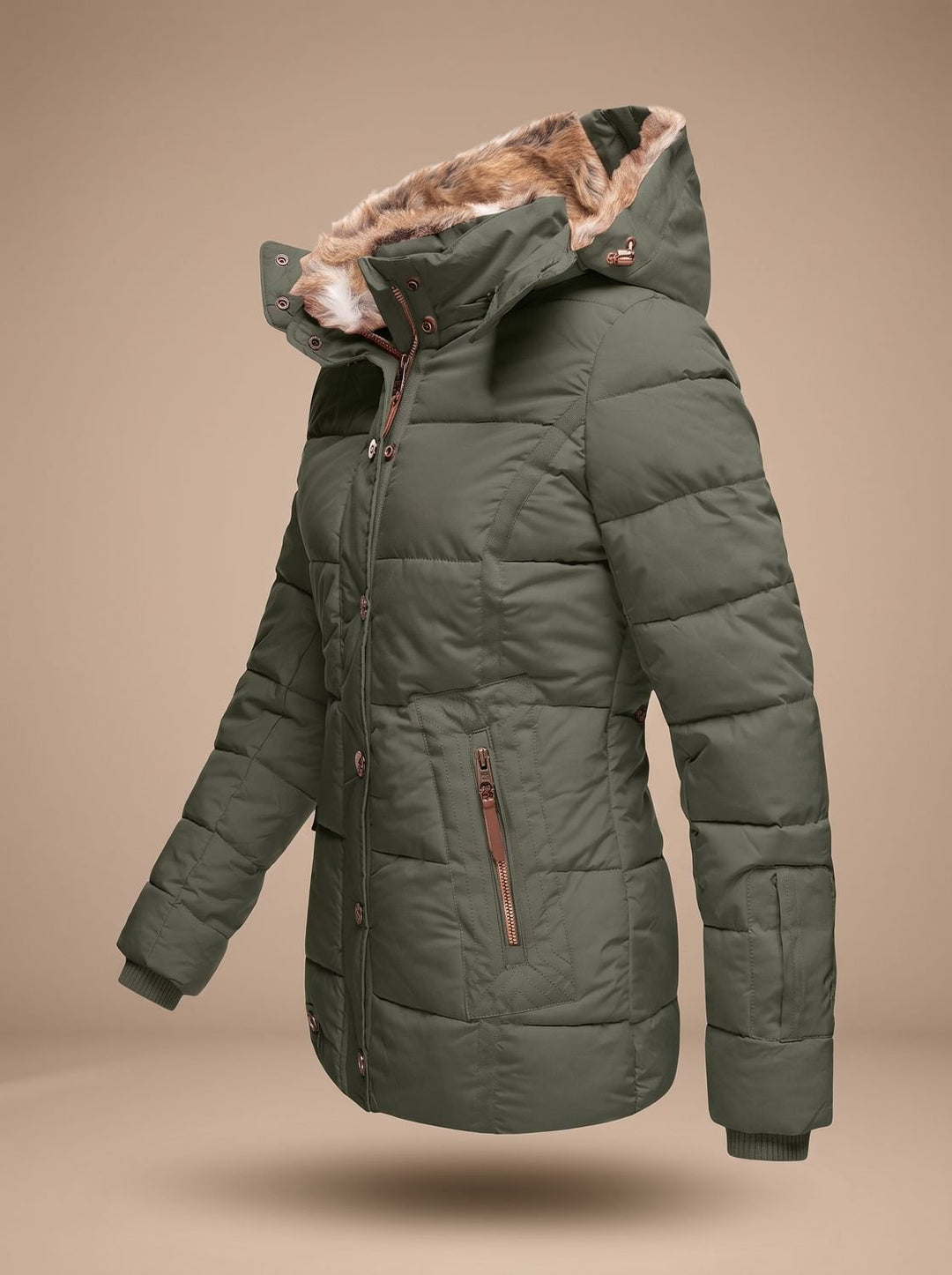 Women's Insulated Hooded Puffer Jacket Faux-Fur Trim
