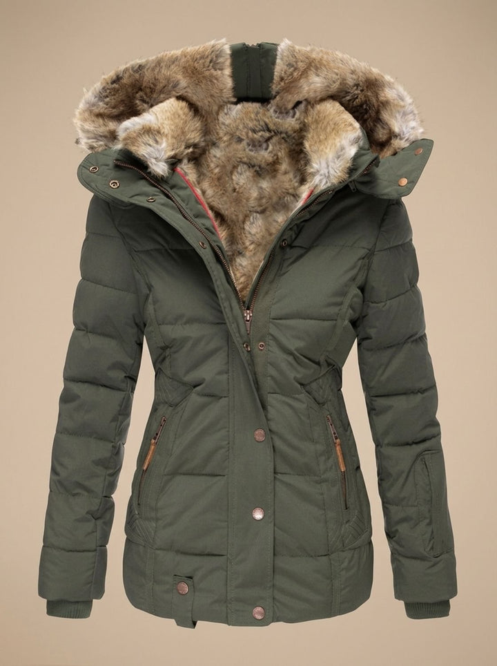 Women's Insulated Hooded Puffer Jacket Faux-Fur Trim - Green