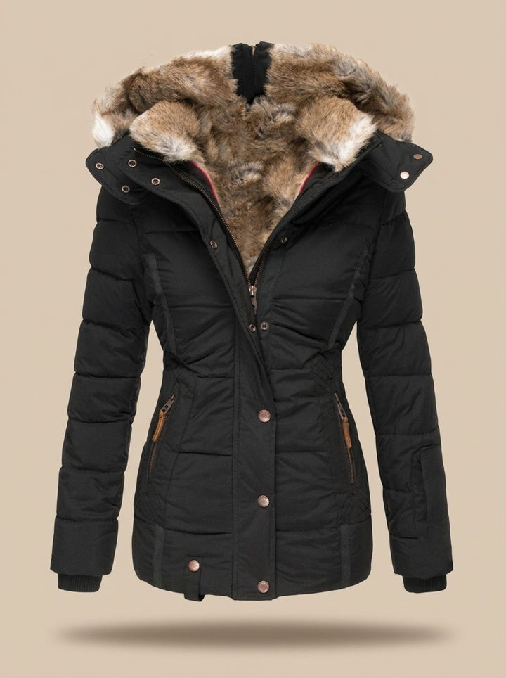 Women's Insulated Hooded Puffer Jacket Faux-Fur Trim - Black