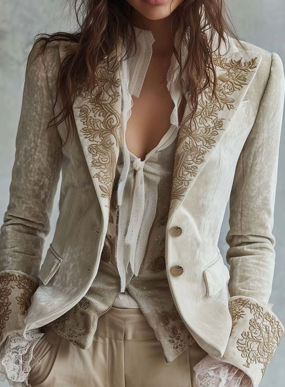 Women's Ivory Gold Embroidered Structured Tailored Blazer - Ivory