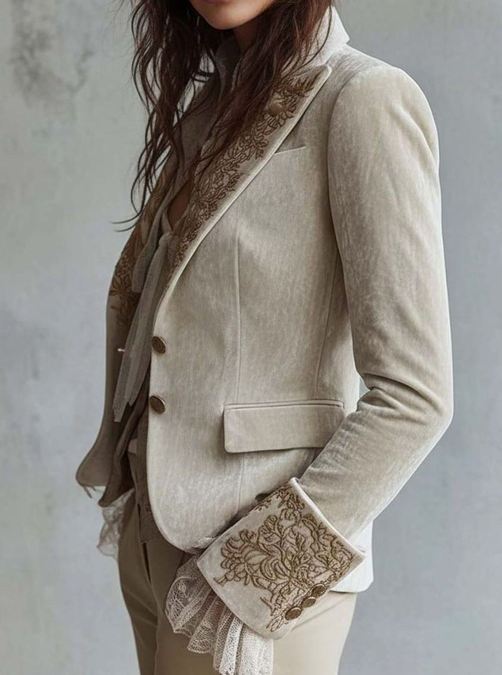 Women's Ivory Gold Embroidered Structured Tailored Blazer