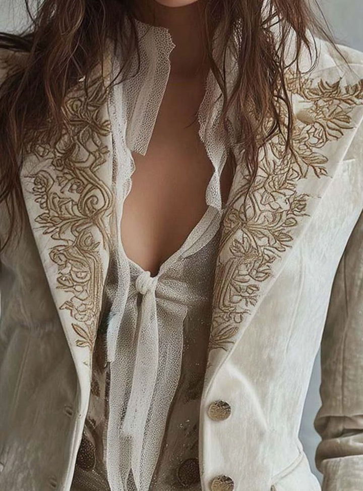 Women's Ivory Gold Embroidered Structured Tailored Blazer