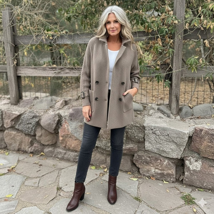 Women's Jacket Double-Breasted Cable-Knit Sleeve Wool-Blend Coat