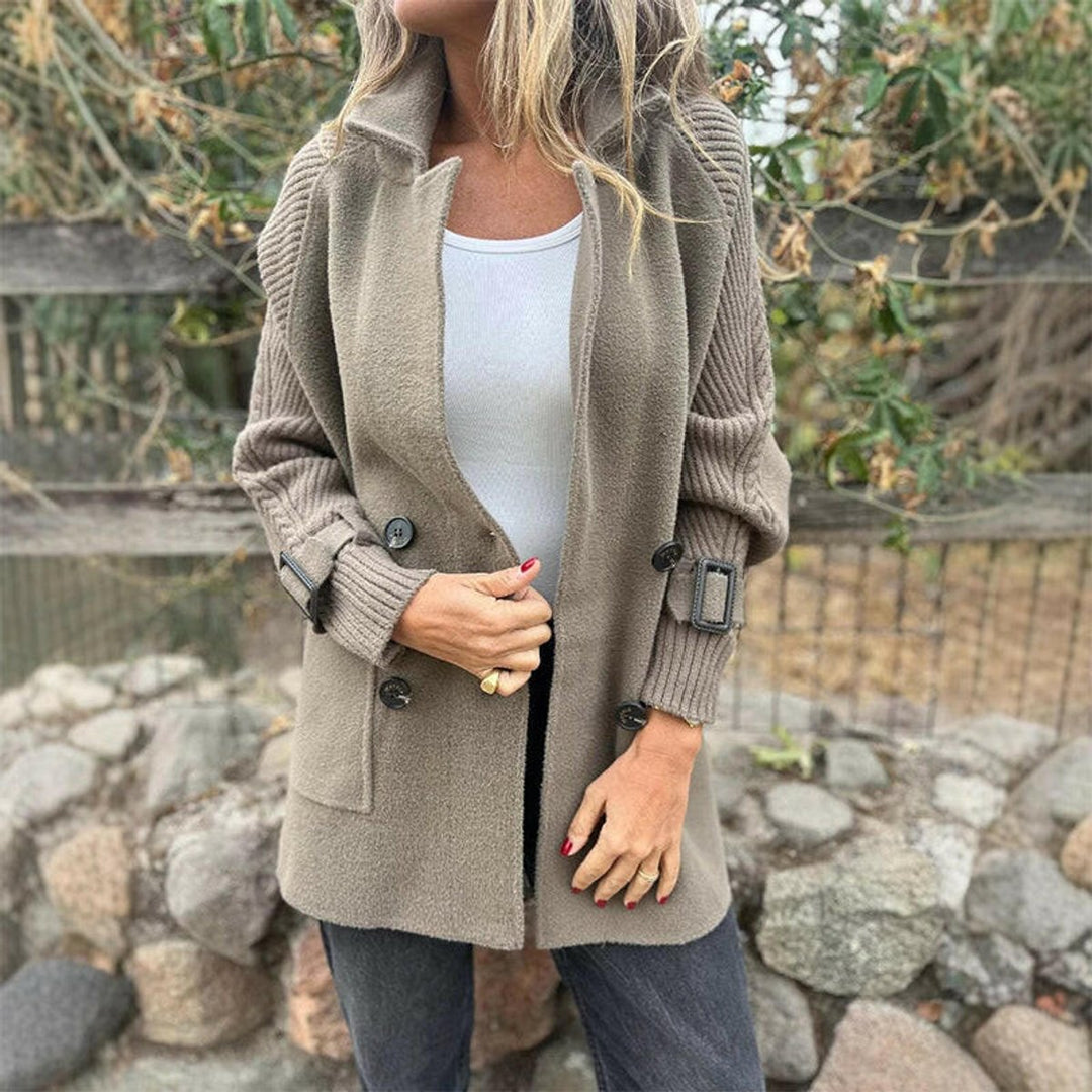 Women's Jacket Double-Breasted Cable-Knit Sleeve Wool-Blend Coat - Taupe