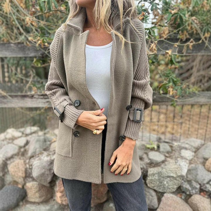 Women's Jacket Double-Breasted Cable-Knit Sleeve Wool-Blend Coat - Taupe