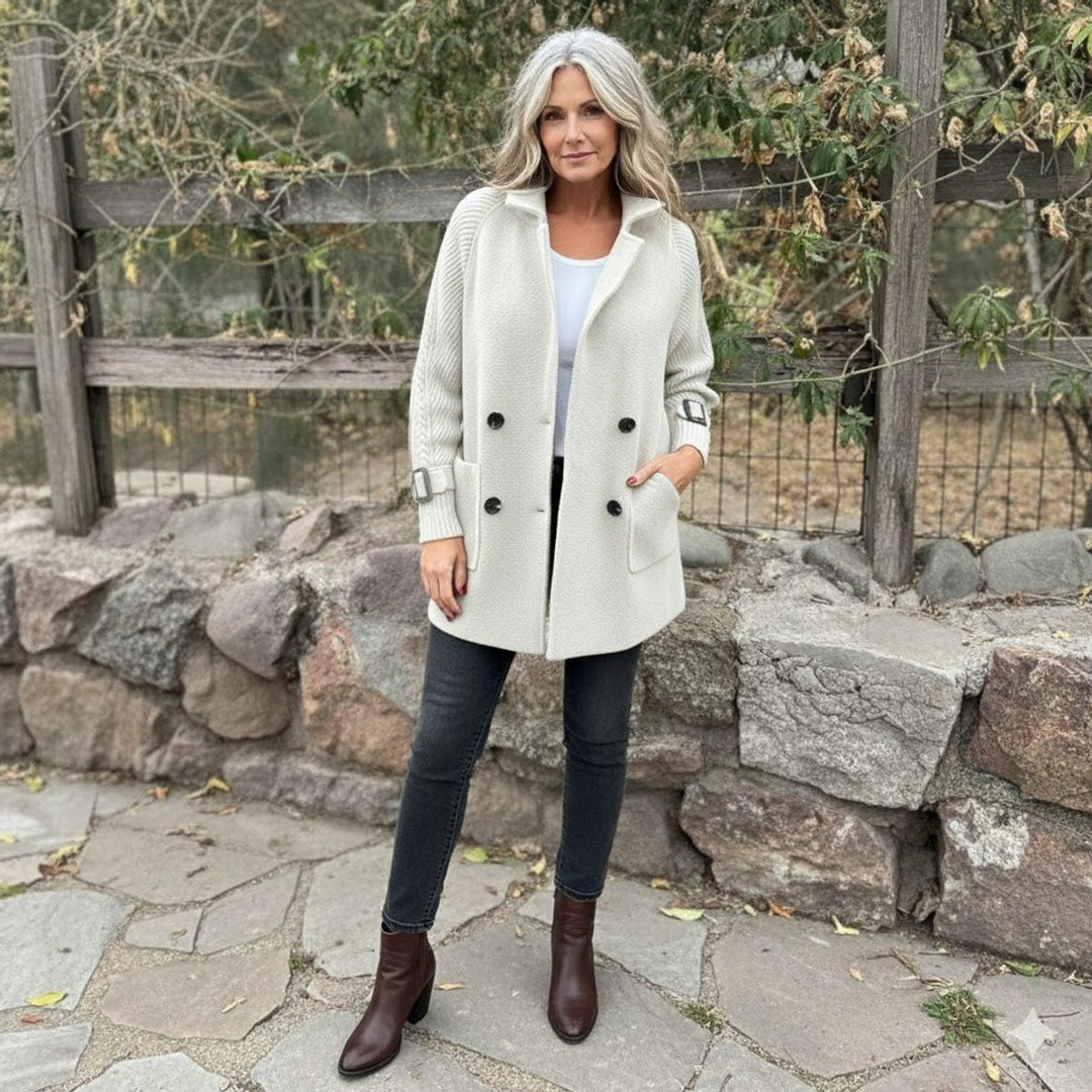 Women's Jacket Double-Breasted Cable-Knit Sleeve Wool-Blend Coat