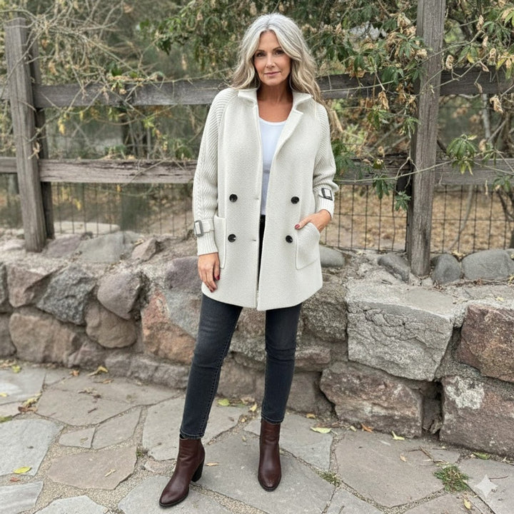 Women's Jacket Double-Breasted Cable-Knit Sleeve Wool-Blend Coat