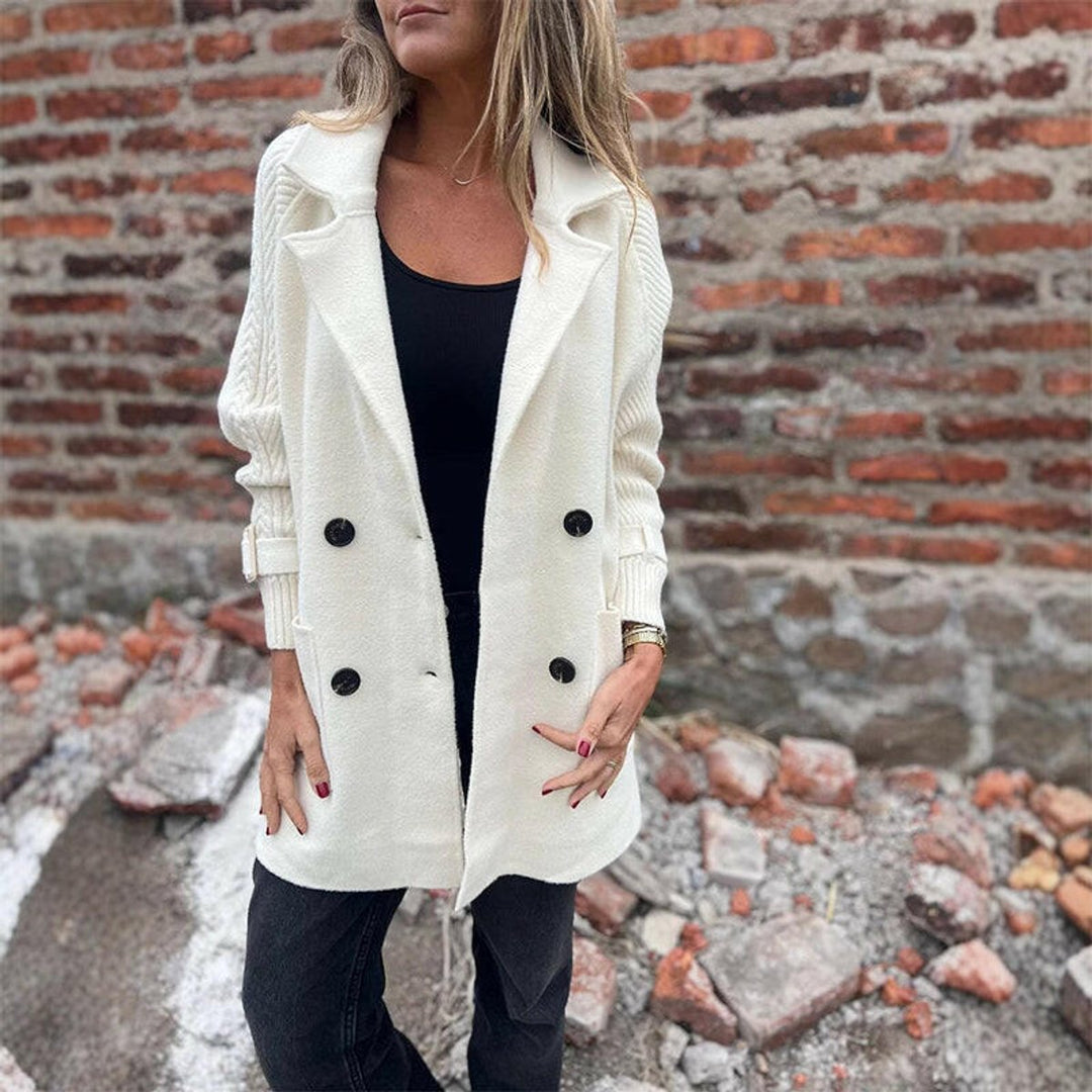 Women's Jacket Double-Breasted Cable-Knit Sleeve Wool-Blend Coat - White