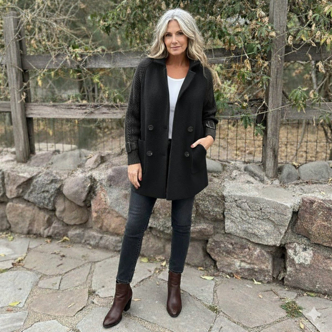 Women's Jacket Double-Breasted Cable-Knit Sleeve Wool-Blend Coat