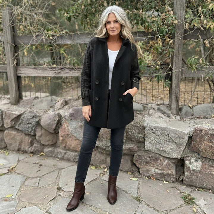 Women's Jacket Double-Breasted Cable-Knit Sleeve Wool-Blend Coat