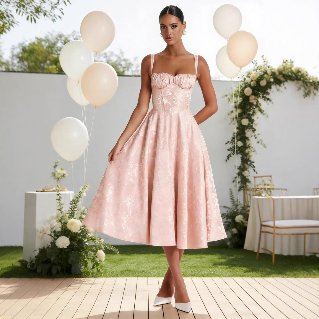 Women's Jacquard Sweetheart Corset Bodice Cocktail Dress - Pink