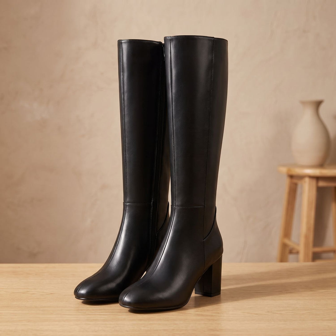 Women's Knee High Boots Block Heel Round-Toe Tall Riding Boots - Black