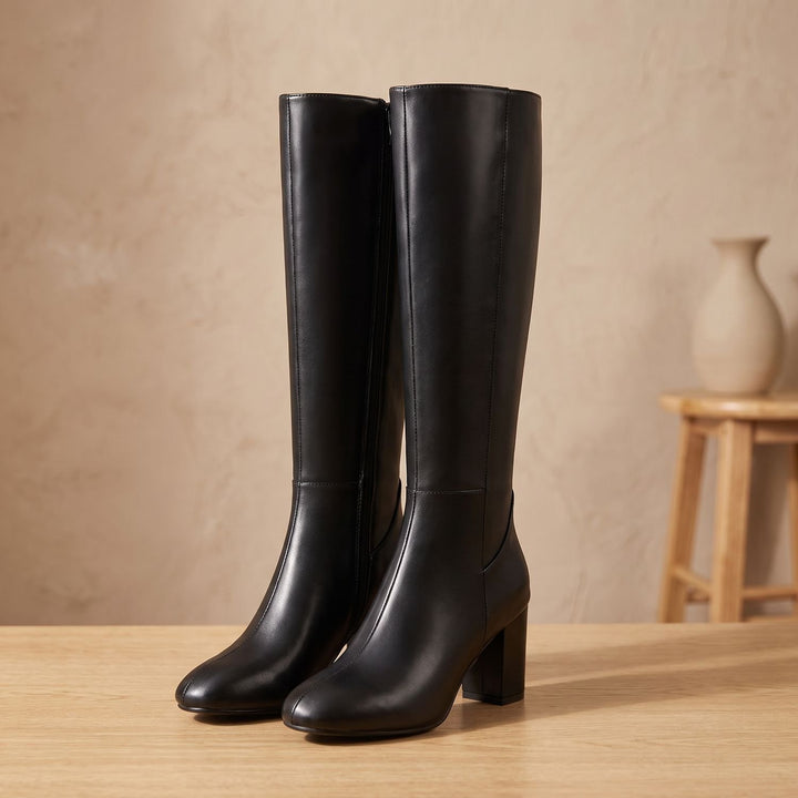 Women's Knee High Boots Block Heel Round-Toe Tall Riding Boots - Black