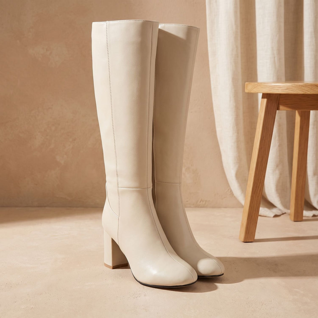 Women's Knee High Boots Block Heel Round-Toe Tall Riding Boots - White