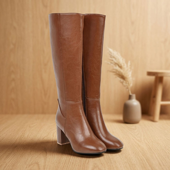 Women's Knee High Boots Block Heel Round-Toe Tall Riding Boots - Brown