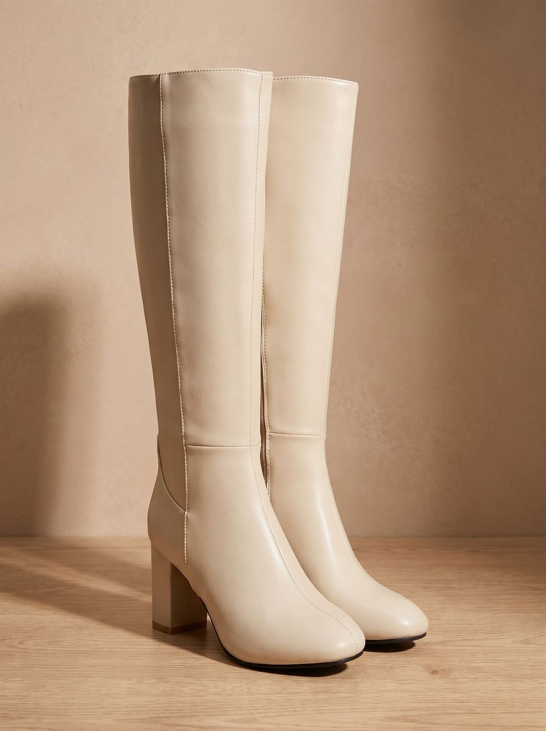 Women's Knee High Boots Block Heel Side-Zip Faux Leather - Beige