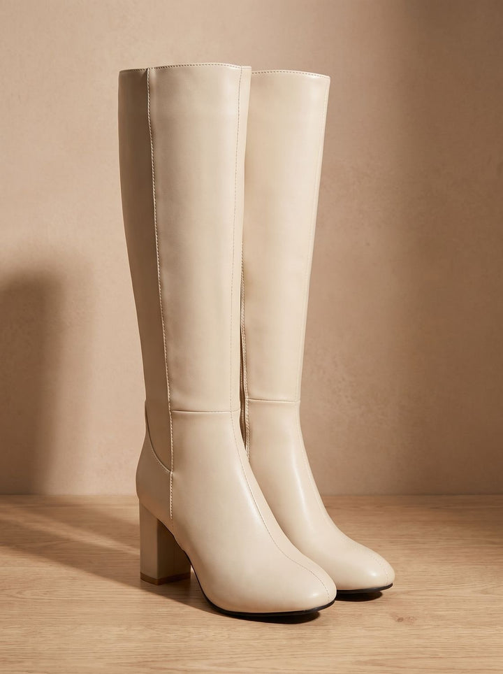 Women's Knee High Boots Block Heel Side-Zip Faux Leather - Beige