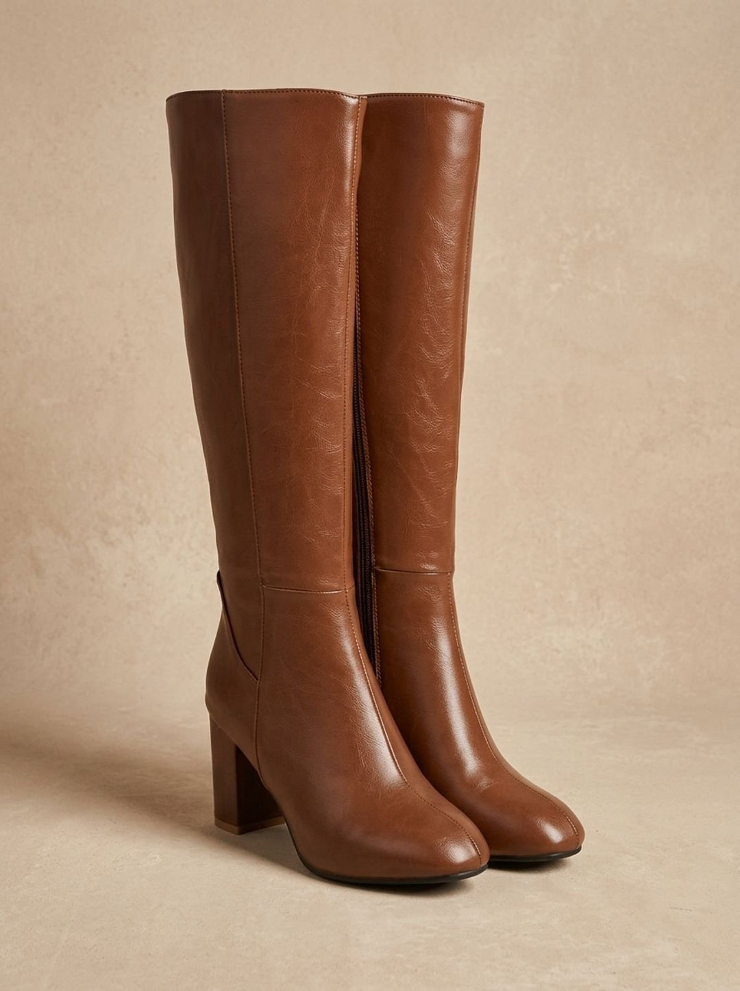Women's Knee High Boots Block Heel Side-Zip Faux Leather - Brown