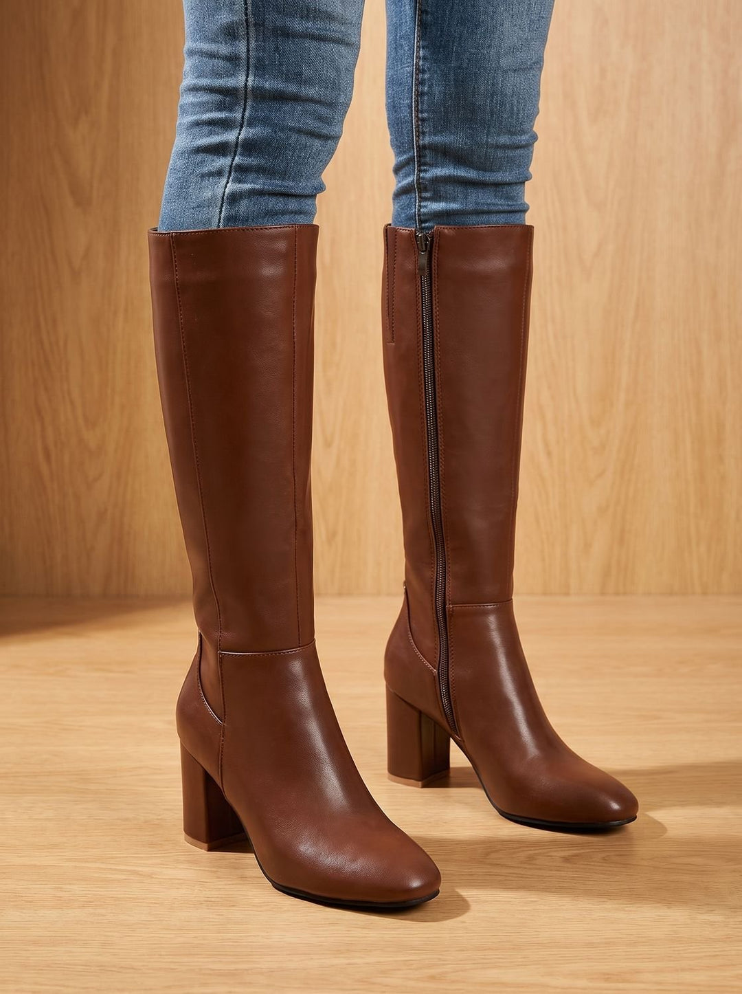 Women's Knee High Boots Block Heel Side-Zip Faux Leather