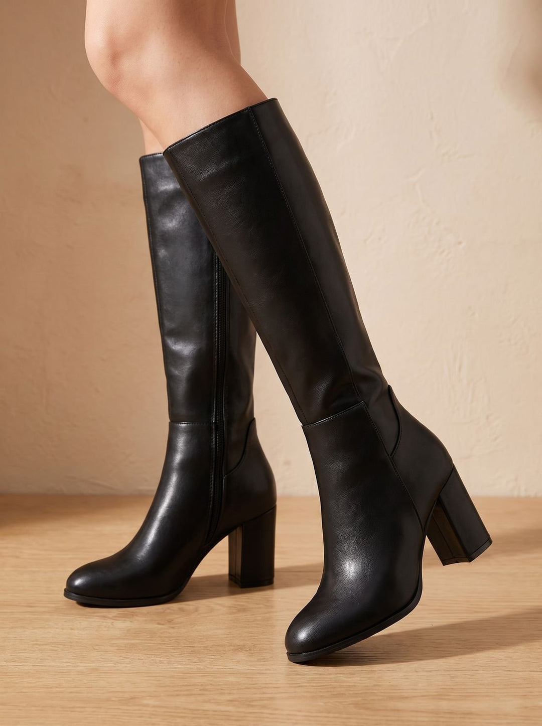 Women's Knee High Boots Block Heel Side-Zip Faux Leather
