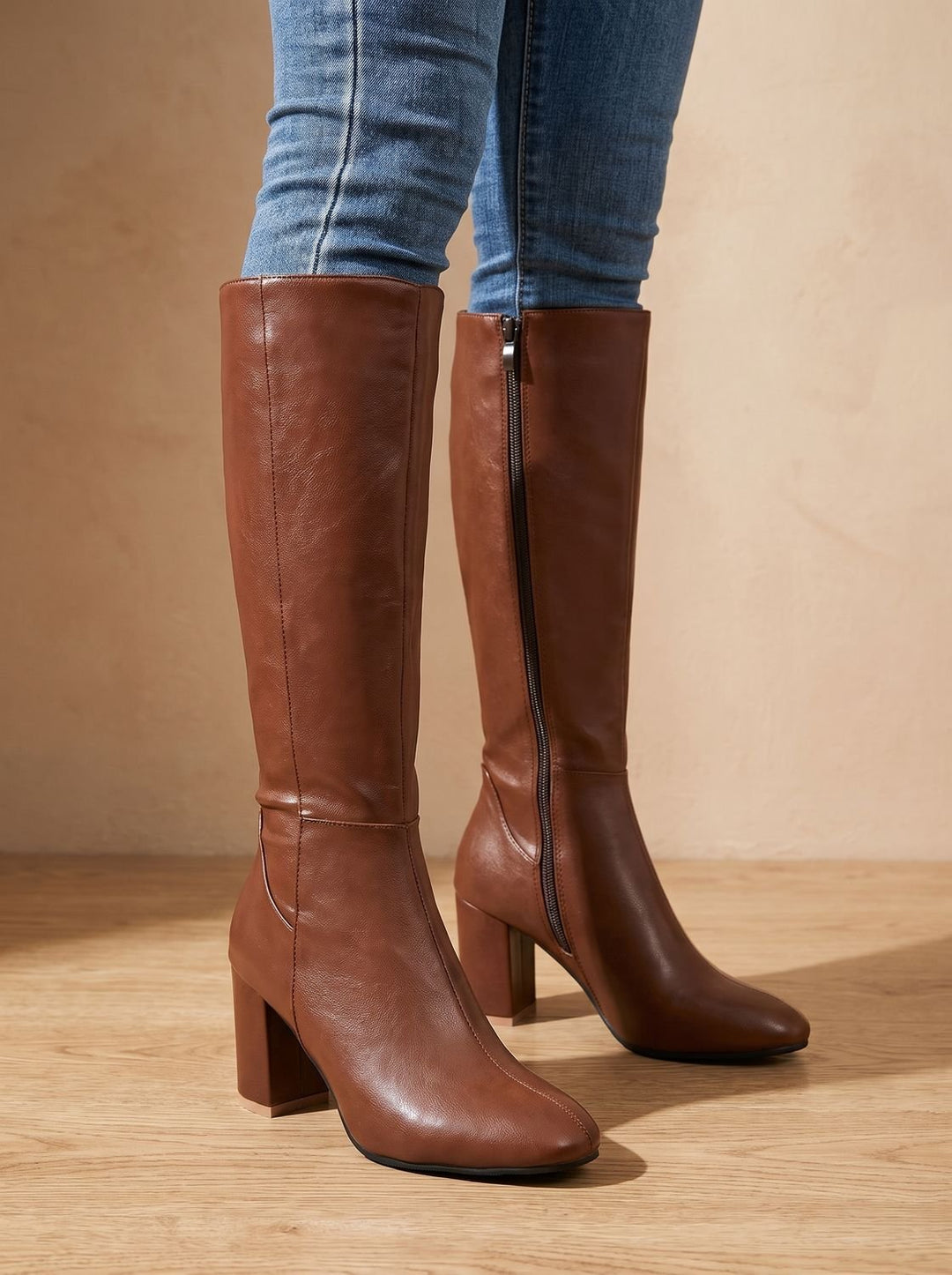 Women's Knee High Boots Block Heel Side-Zip Faux Leather