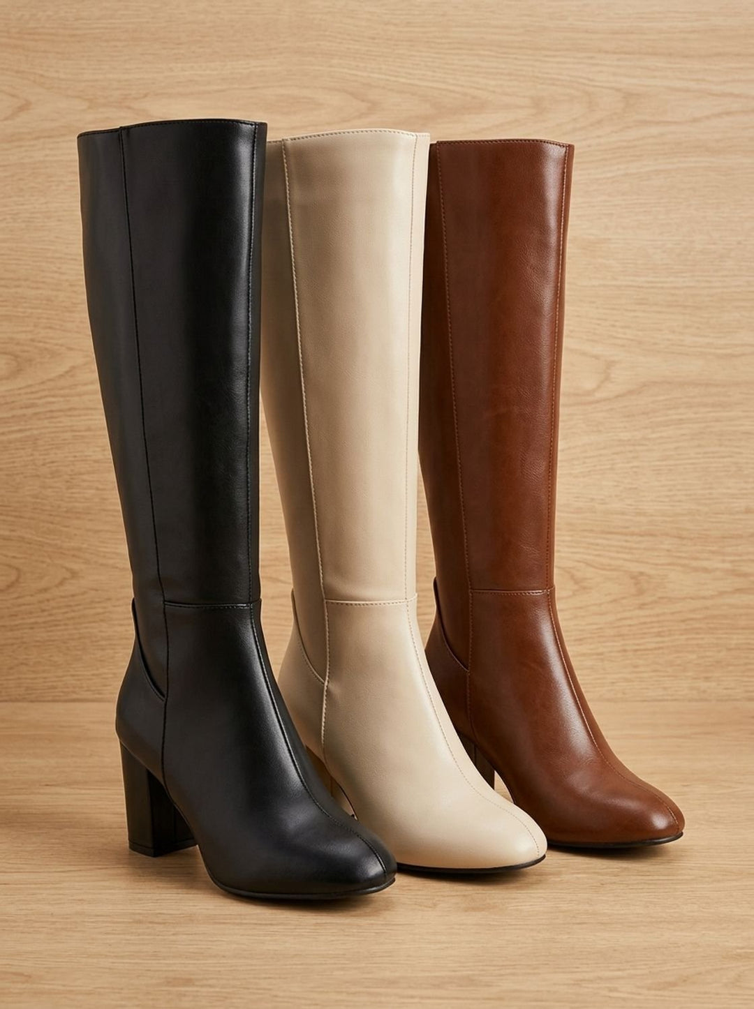 Women's Knee High Boots Block Heel Side-Zip Faux Leather