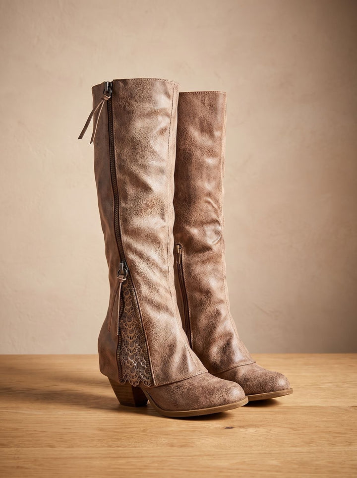 Women's Knee High Boots Block Heel Side-Zip Lace Detail - Brown