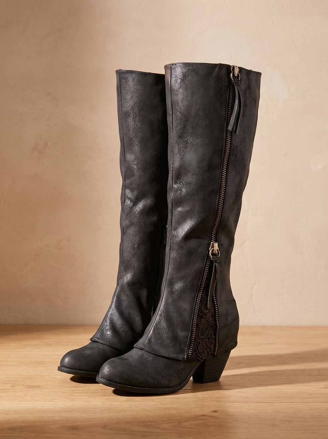Women's Knee High Boots Block Heel Side-Zip Lace Detail - Black