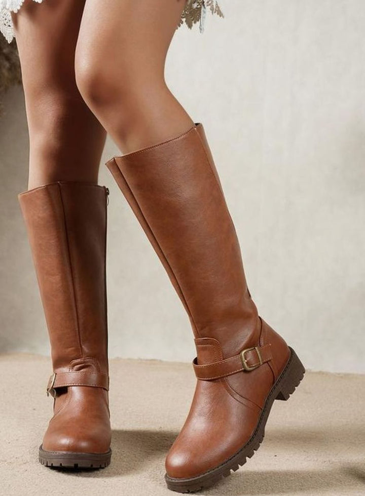 Women's Knee High Boots Buckle Block Heel Riding Boots - Brown