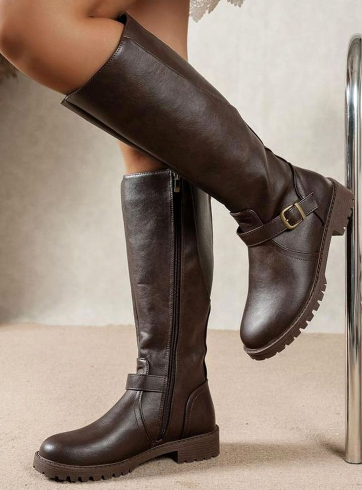 Women's Knee High Boots Buckle Block Heel Riding Boots - Dark Brown