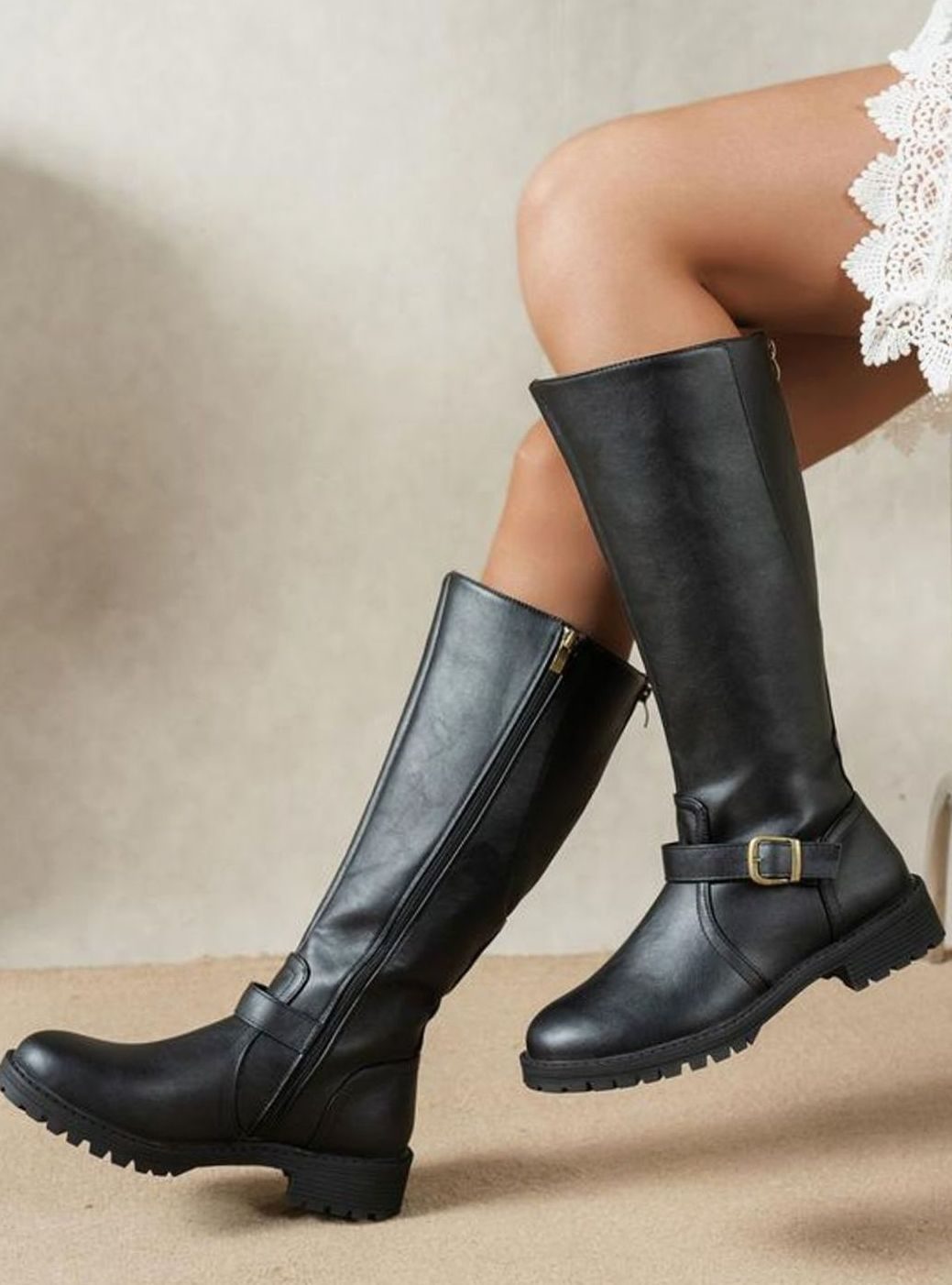 Women's Knee High Boots Buckle Block Heel Riding Boots - Black