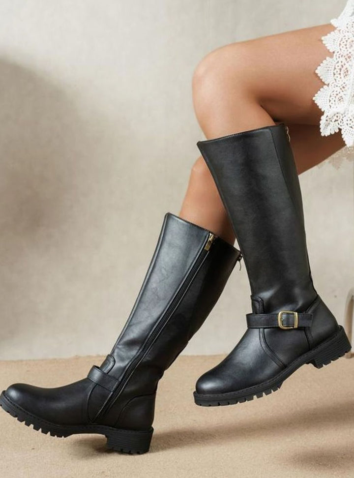 Women's Knee High Boots Buckle Block Heel Riding Boots - Black