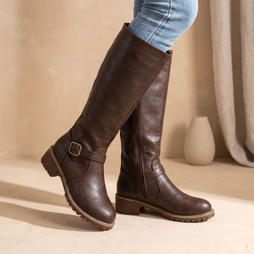 Women's Knee High Boots Buckle-Strap Faux Leather Riding Boots - Dark Brown