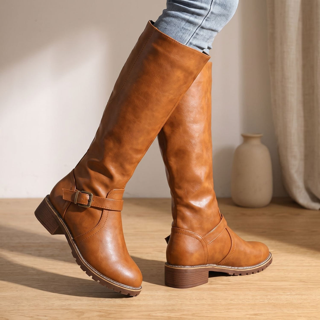 Women's Knee High Boots Buckle-Strap Faux Leather Riding Boots - Light Brown
