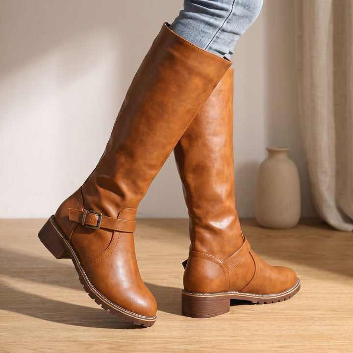 Women's Knee High Boots Buckle-Strap Faux Leather Riding Boots - Light Brown