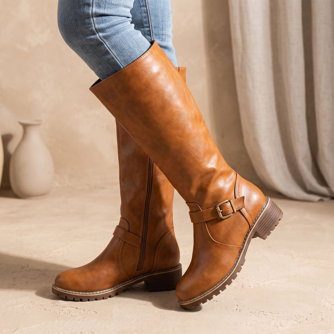 Women's Knee High Boots Buckle-Strap Faux Leather Riding Boots
