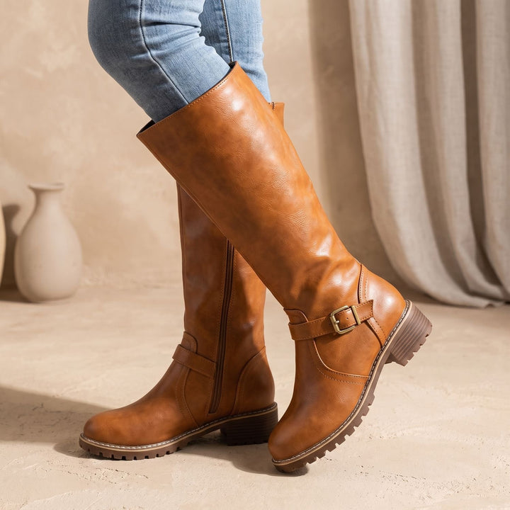 Women's Knee High Boots Buckle-Strap Faux Leather Riding Boots