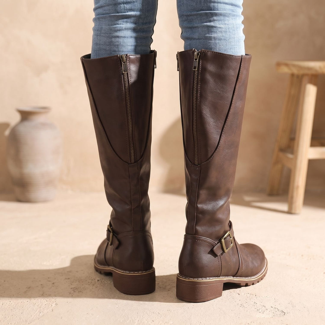Women's Knee High Boots Buckle-Strap Faux Leather Riding Boots