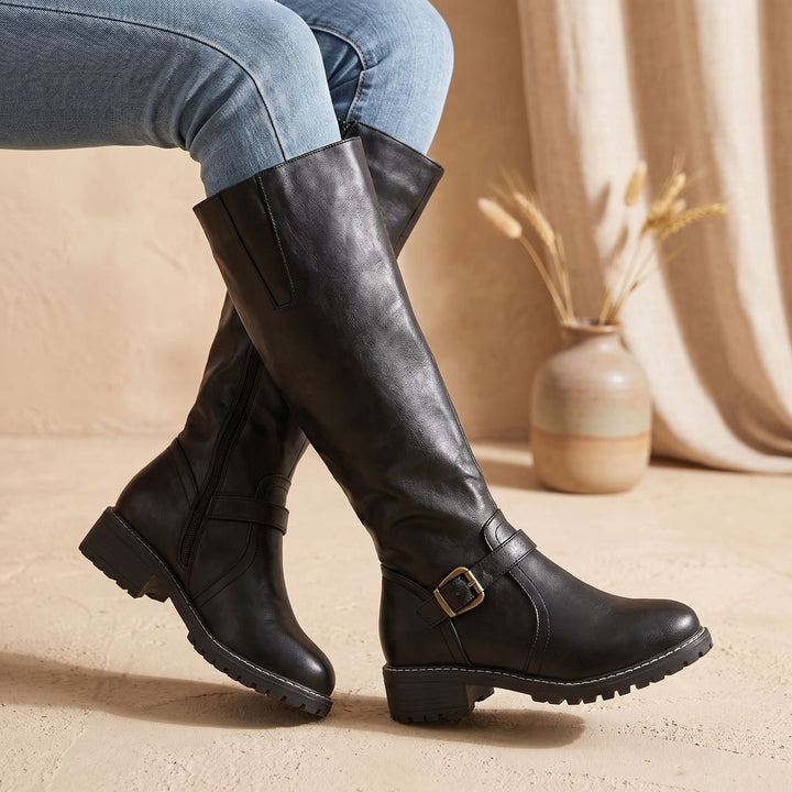 Women's Knee High Boots Buckle-Strap Faux Leather Riding Boots