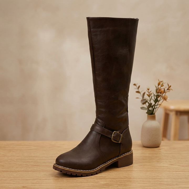 Women's Knee High Boots Buckle-Strap Faux Leather Riding Boots