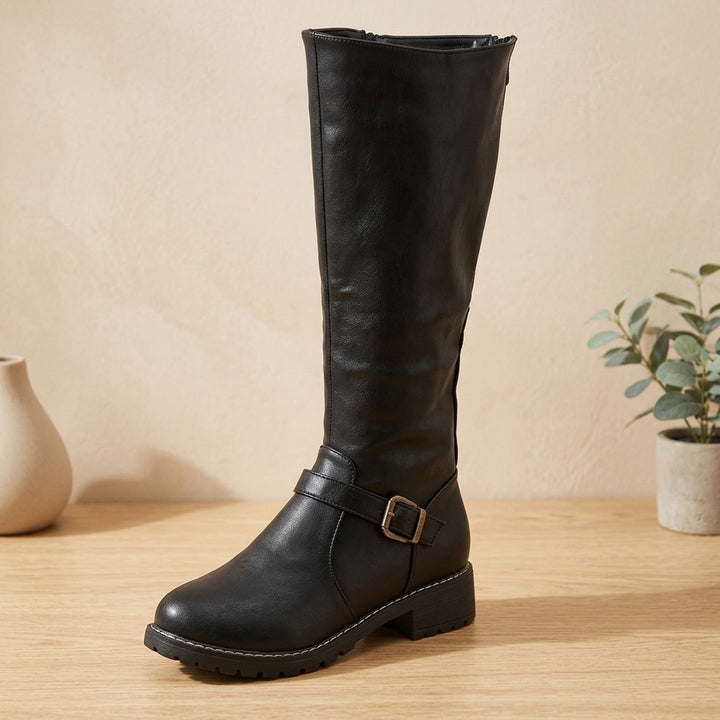 Women's Knee High Boots Buckle-Strap Faux Leather Riding Boots