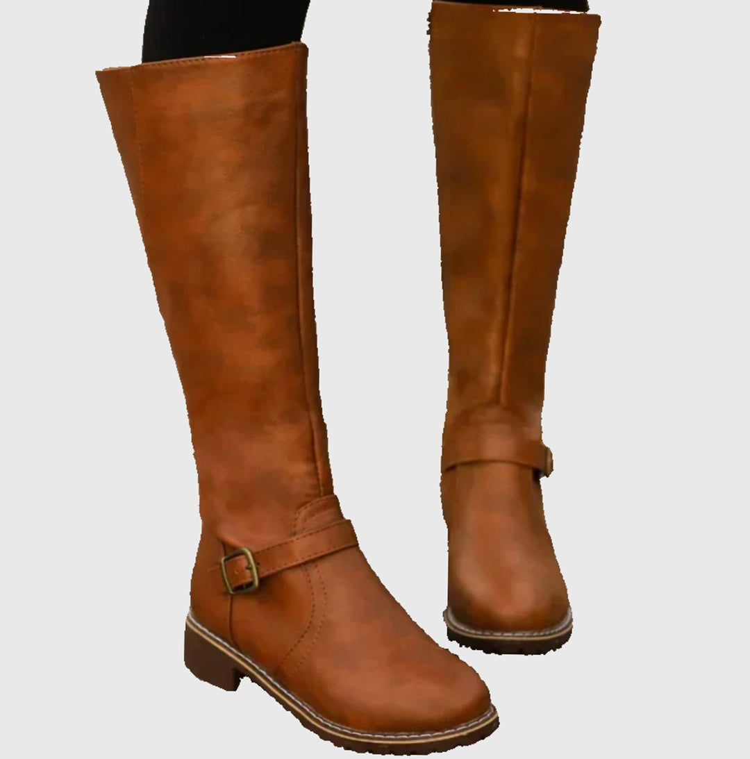 Women's Knee High Boots Buckle-Strap Riding Block Heel