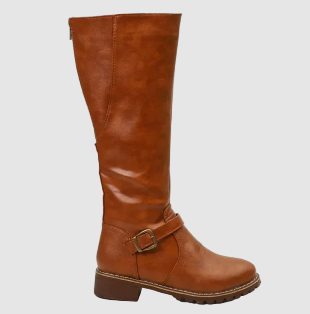 Women's Knee High Boots Buckle-Strap Riding Block Heel