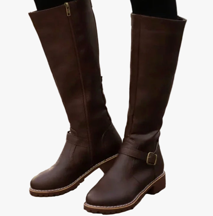 Women's Knee High Boots Buckle-Strap Riding Block Heel