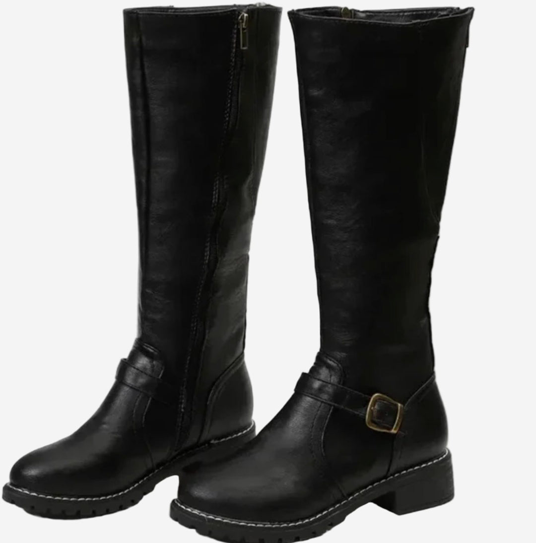 Women's Knee High Boots Buckle-Strap Riding Block Heel - Black