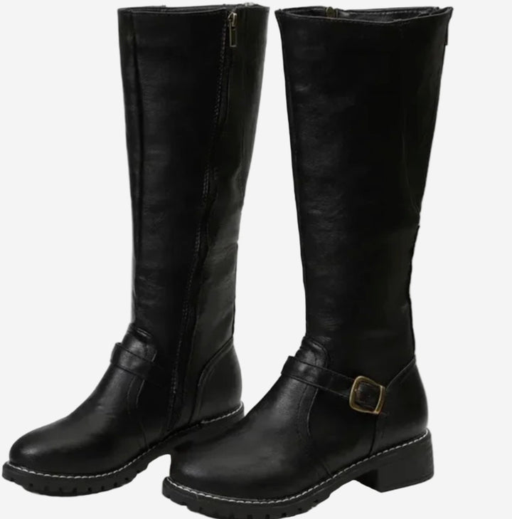 Women's Knee High Boots Buckle-Strap Riding Block Heel - Black
