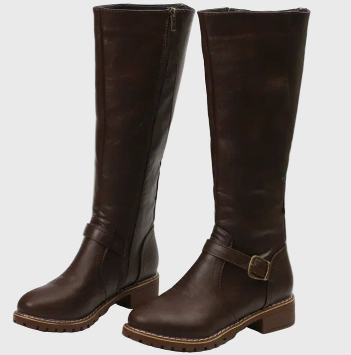 Women's Knee High Boots Buckle-Strap Riding Block Heel