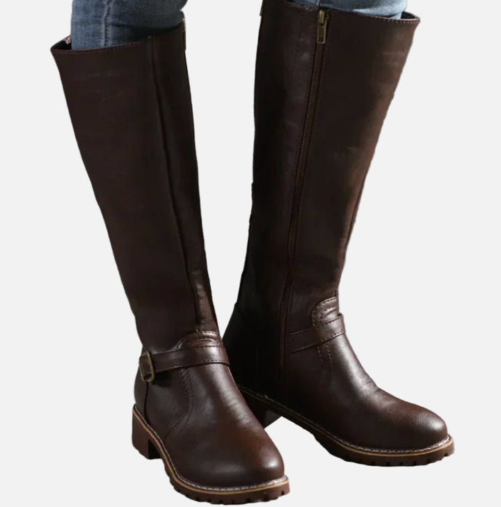 Women's Knee High Boots Buckle-Strap Riding Block Heel - Dark Brown